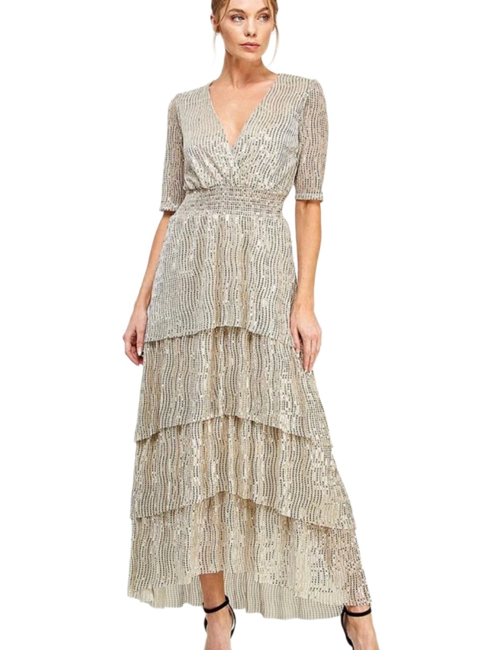 CHAMPAGNE RUFFLE TIERED CROSS NECK LONG DRESS